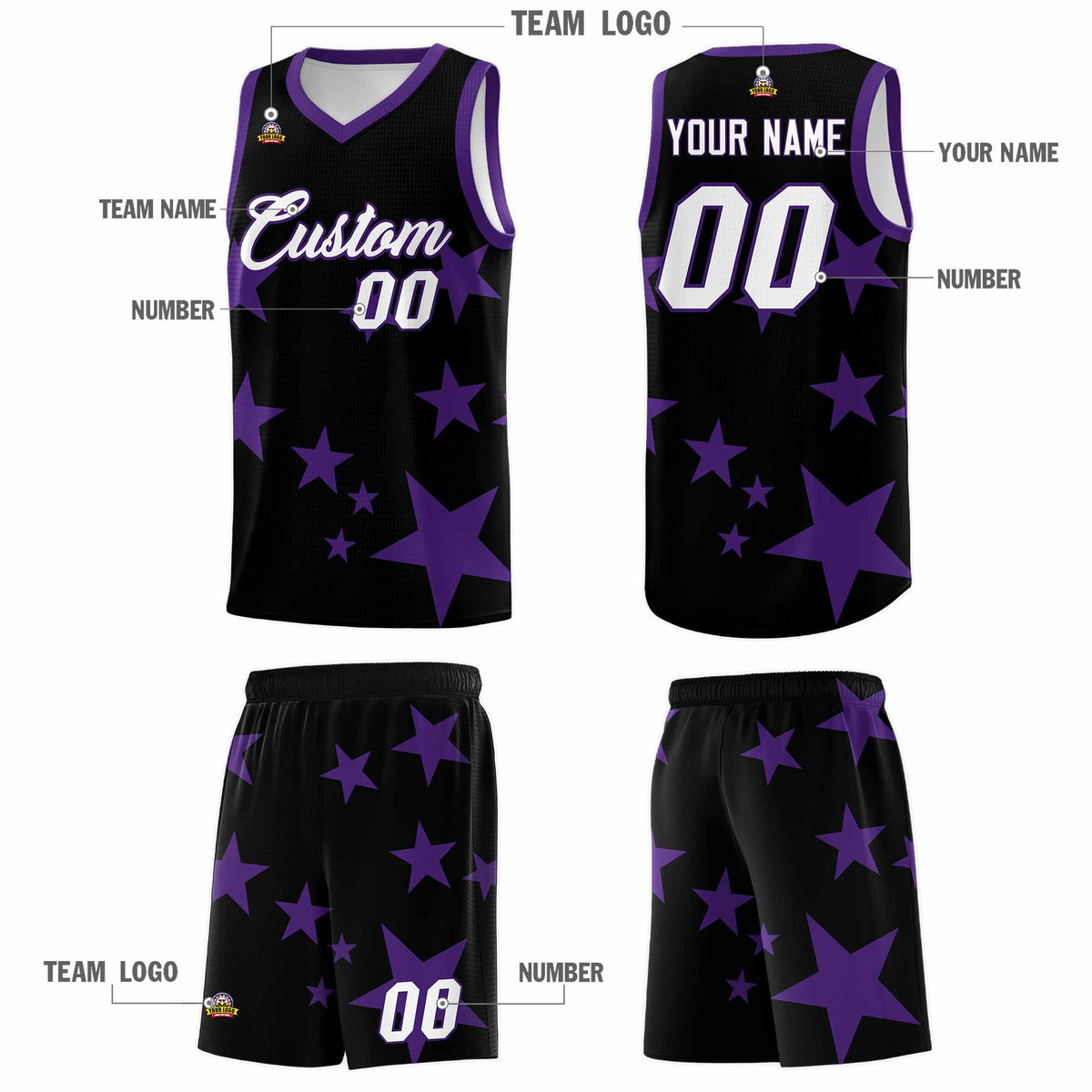 Custom Black Purple Graffiti Pattern Star Print Basketball Jersey Kits|KXKSHOP
