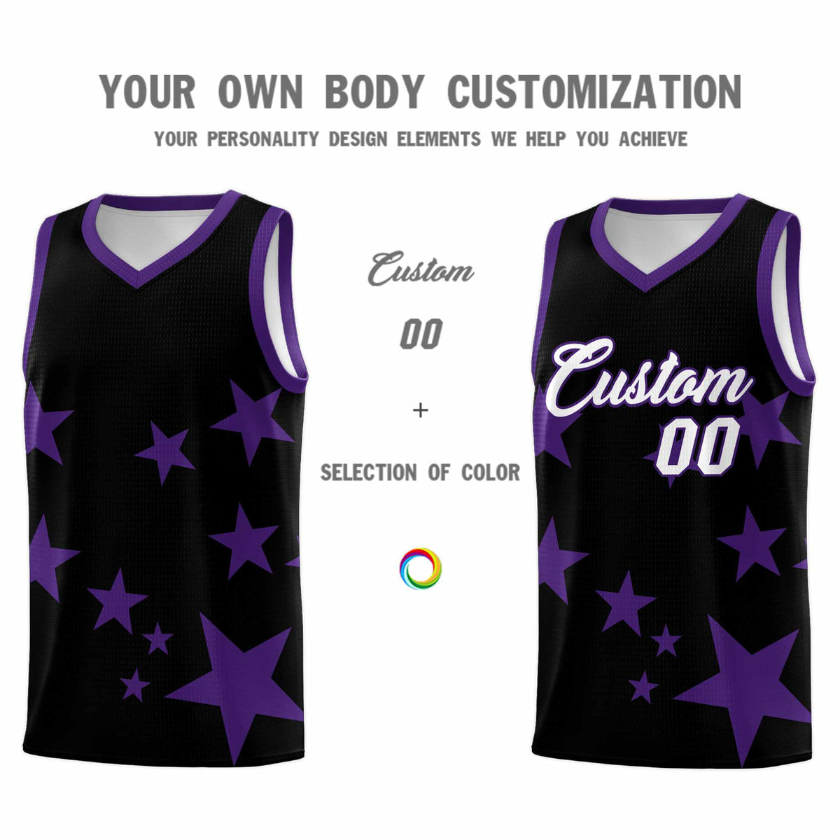 Custom Black Purple Graffiti Pattern Star Print Basketball Jersey Kits|KXKSHOP