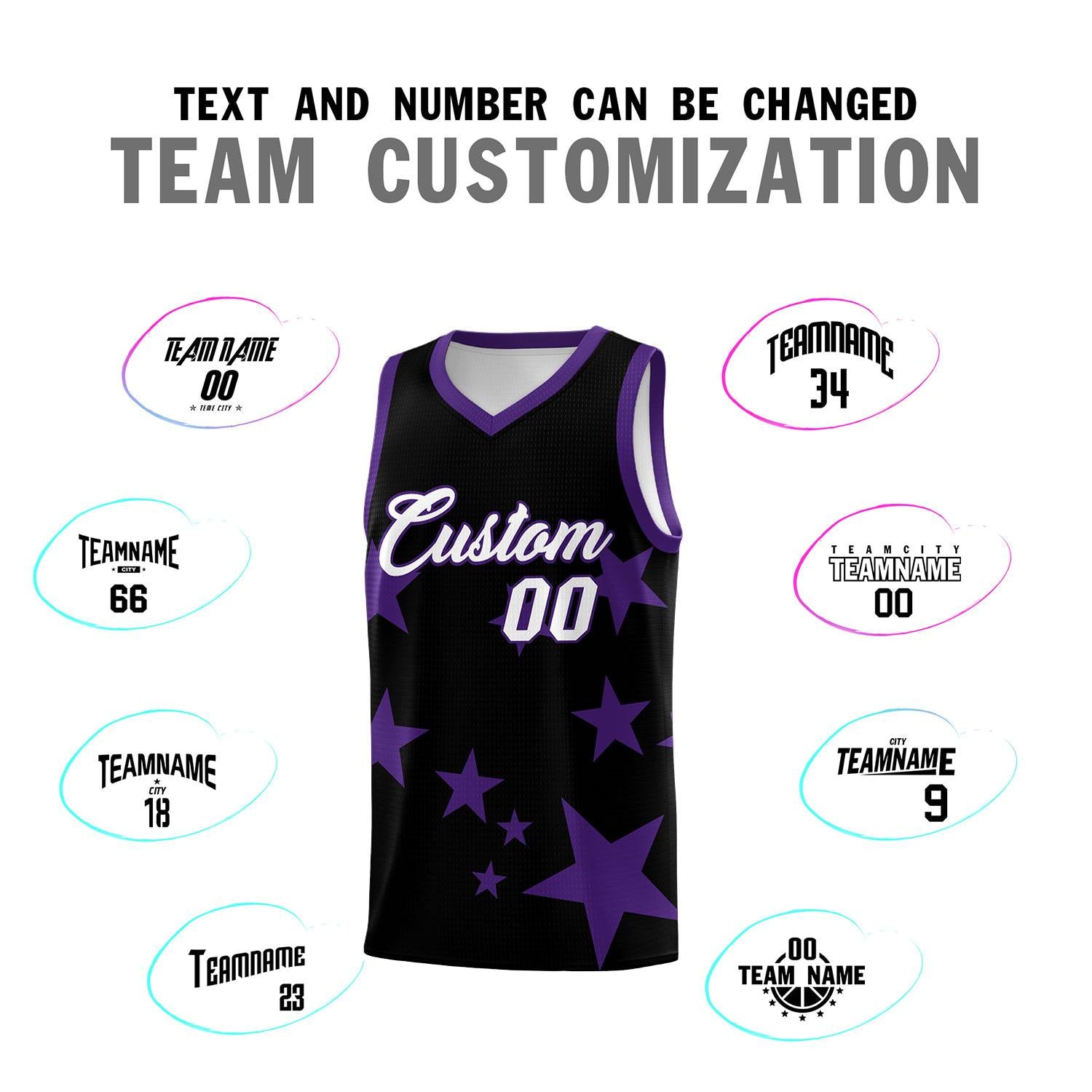 Custom Black Purple Graffiti Pattern Star Print Basketball Jersey Kits|KXKSHOP