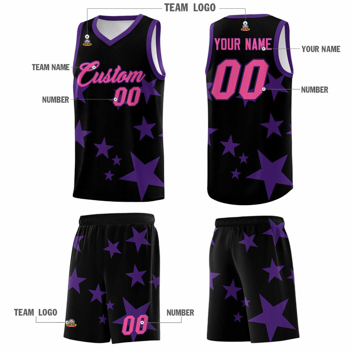 Custom Black Purple Graffiti Pattern Star Print Basketball Jersey Kits|KXKSHOP
