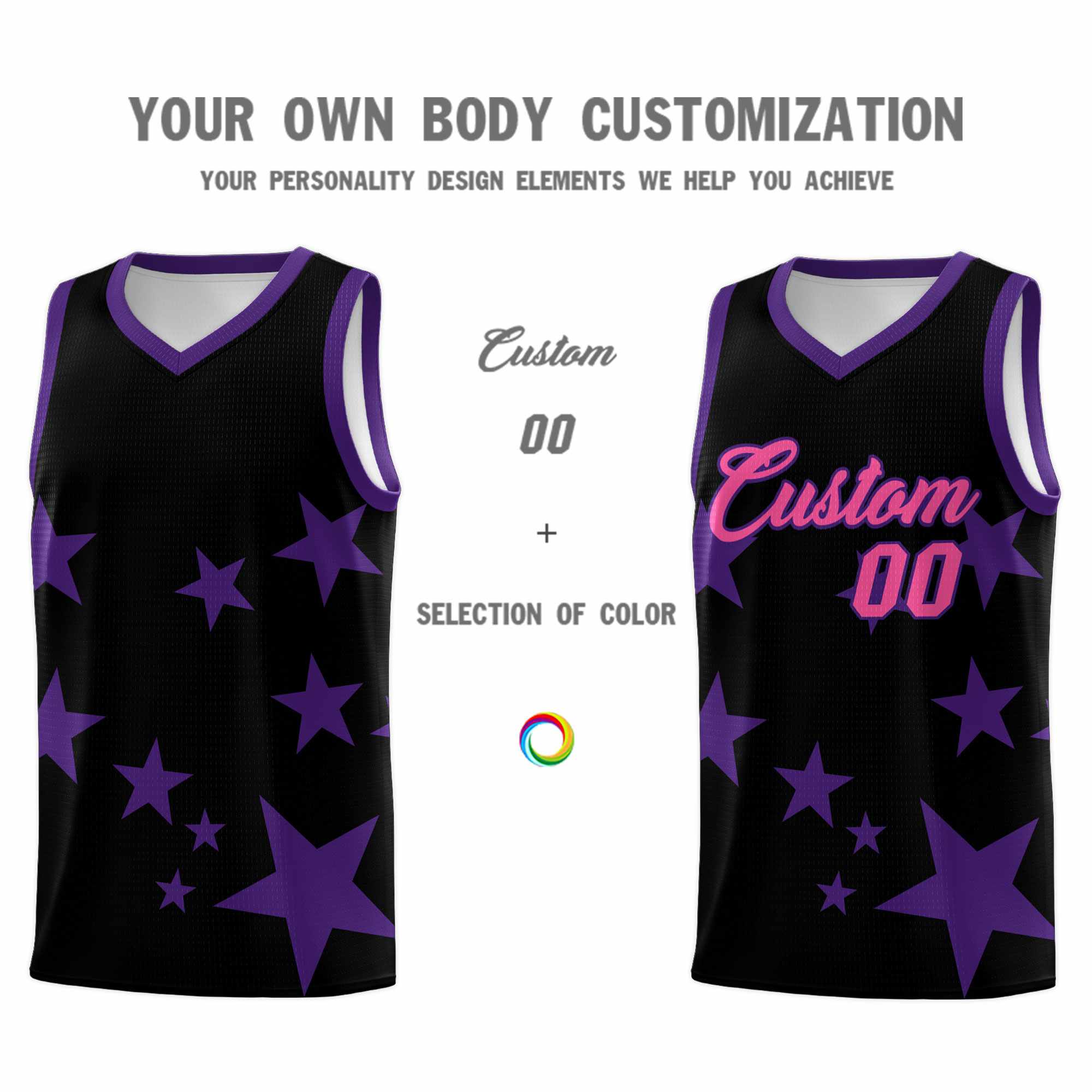 Custom Black Purple Graffiti Pattern Star Print Basketball Jersey Kits|KXKSHOP