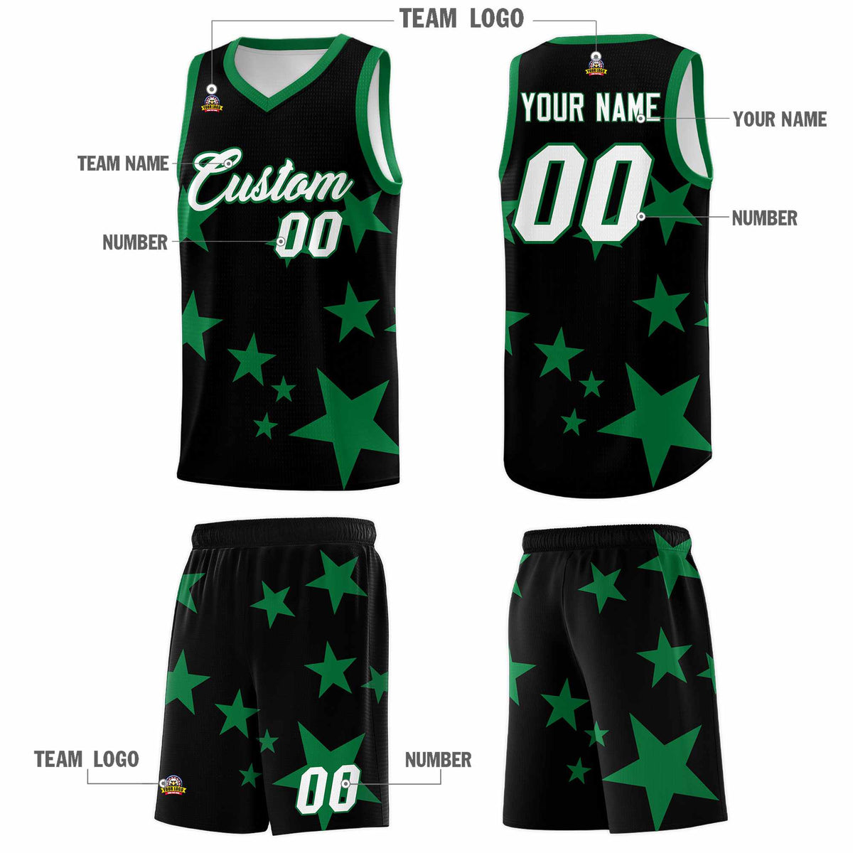Custom Black Kelly Green Graffiti Pattern Star Print Basketball Jersey Kits|KXKSHOP