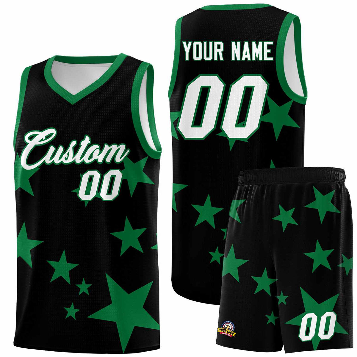 Custom Black Kelly Green Graffiti Pattern Star Print Basketball Jersey Kits|KXKSHOP