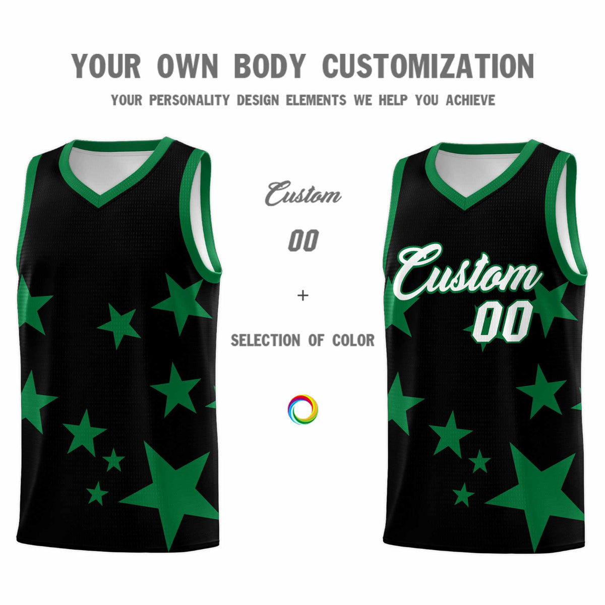 Custom Black Kelly Green Graffiti Pattern Star Print Basketball Jersey Kits|KXKSHOP