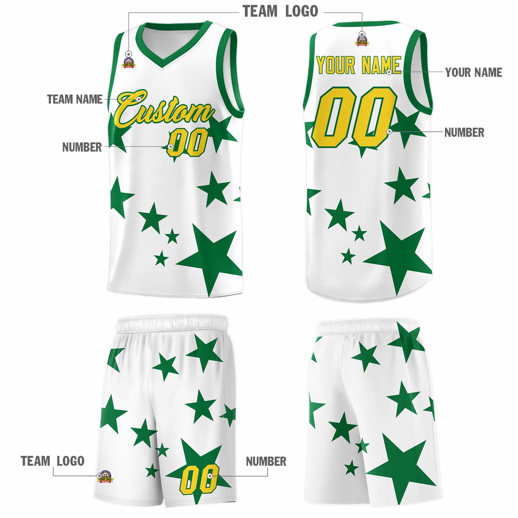 Custom White Kelly Green Graffiti Pattern Star Print Basketball Jersey Kits|KXKSHOP
