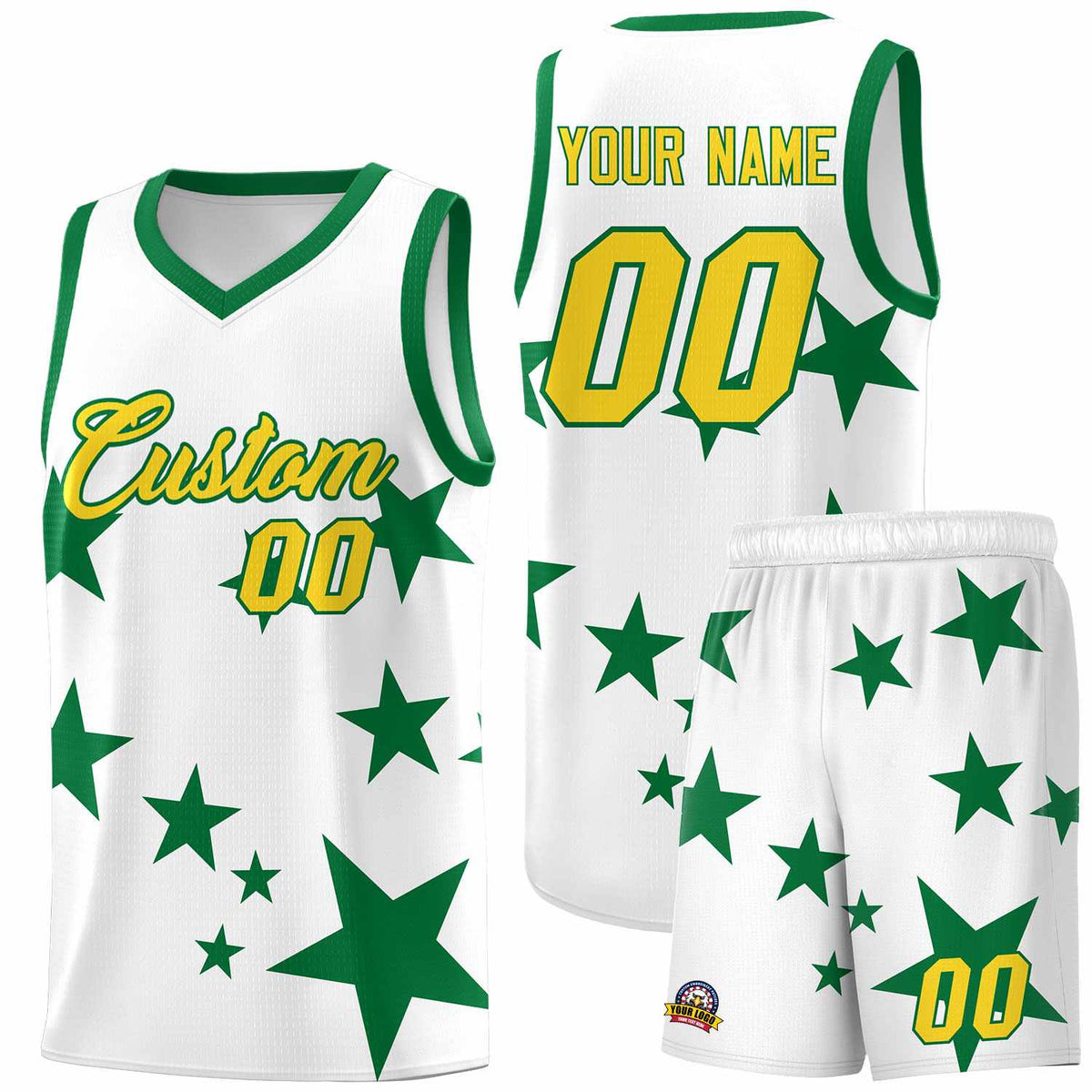 Custom White Kelly Green Graffiti Pattern Star Print Basketball Jersey Kits|KXKSHOP
