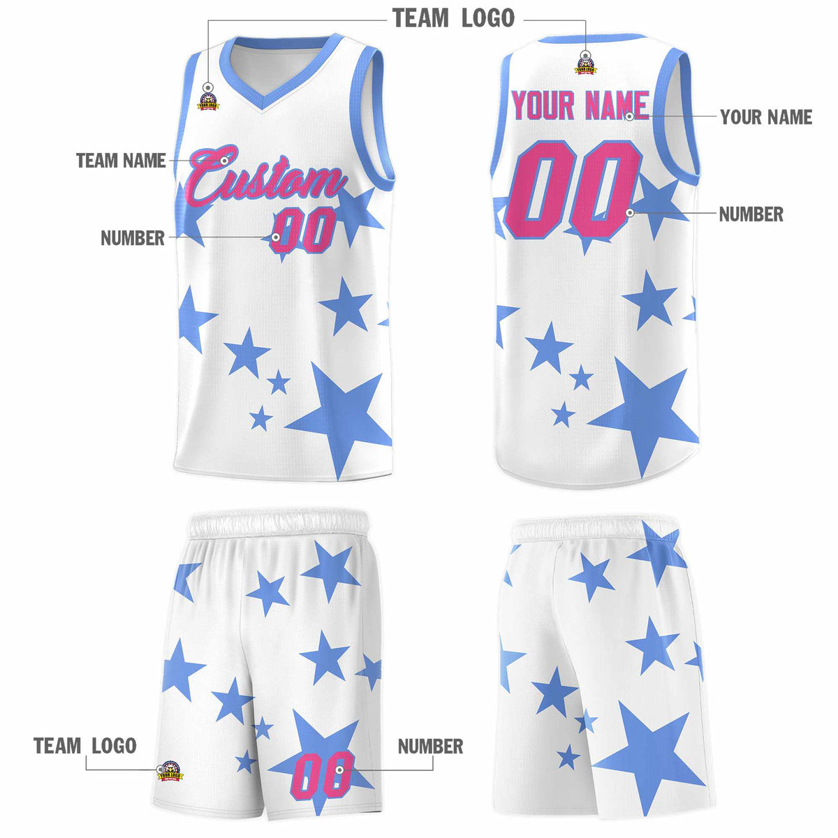 Custom White Light Blue Graffiti Pattern Star Print Basketball Jersey Kits|KXKSHOP