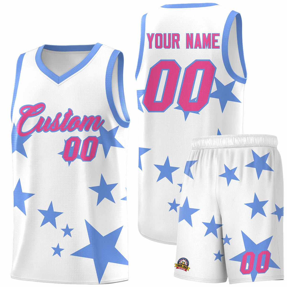 Custom White Light Blue Graffiti Pattern Star Print Basketball Jersey Kits|KXKSHOP