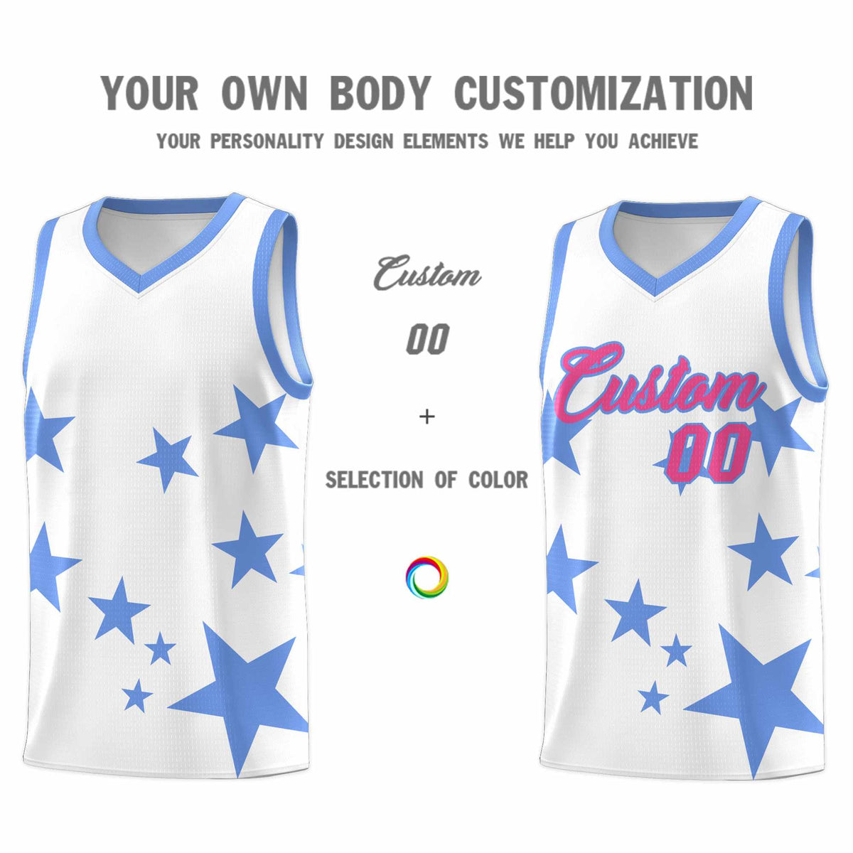 Custom White Light Blue Graffiti Pattern Star Print Basketball Jersey Kits|KXKSHOP