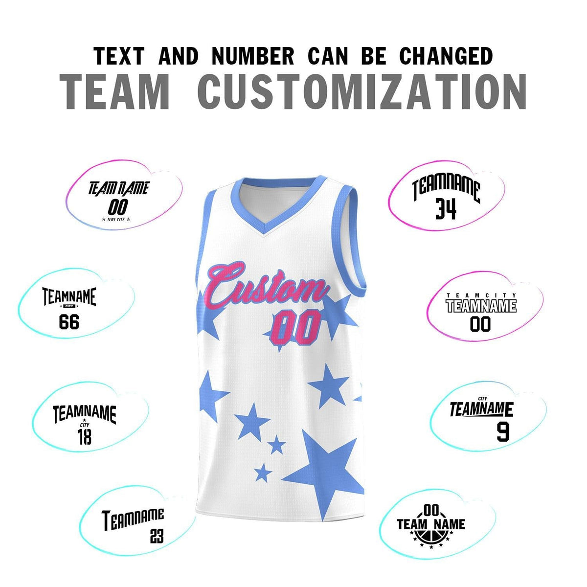 Custom White Light Blue Graffiti Pattern Star Print Basketball Jersey Kits|KXKSHOP
