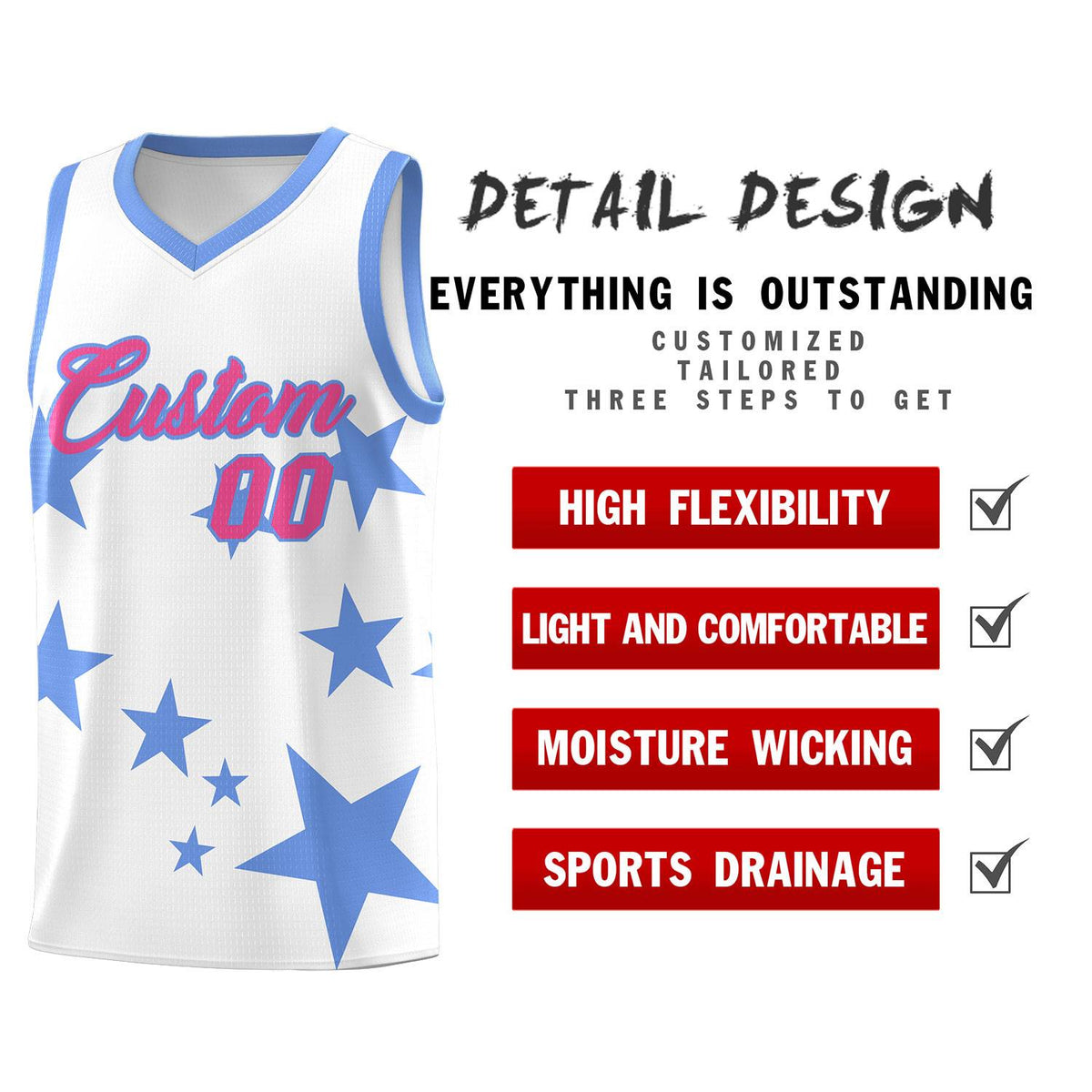Custom White Light Blue Graffiti Pattern Star Print Basketball Jersey Kits|KXKSHOP