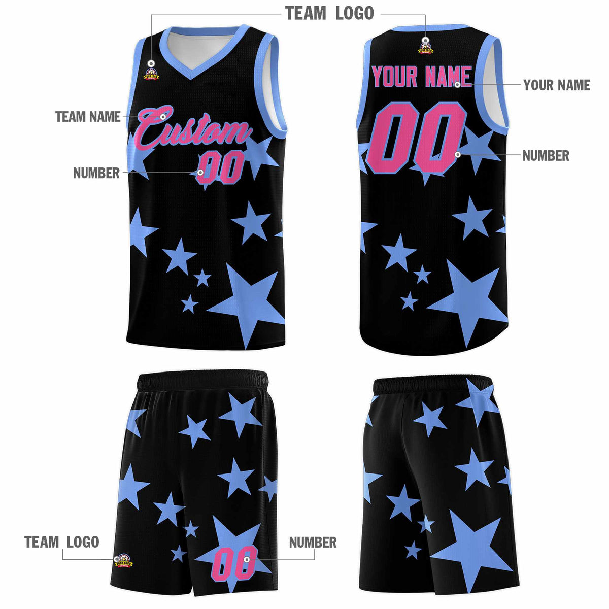 Custom Black Light Blue Graffiti Pattern Star Print Basketball Jersey Kits|KXKSHOP