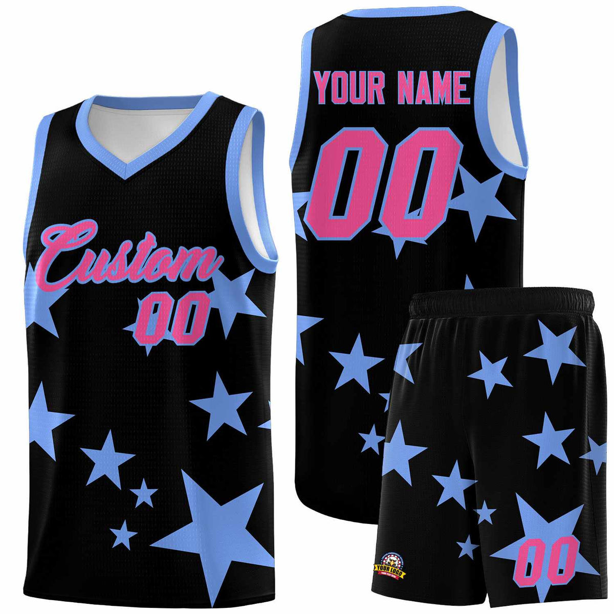 Custom Black Light Blue Graffiti Pattern Star Print Basketball Jersey Kits|KXKSHOP