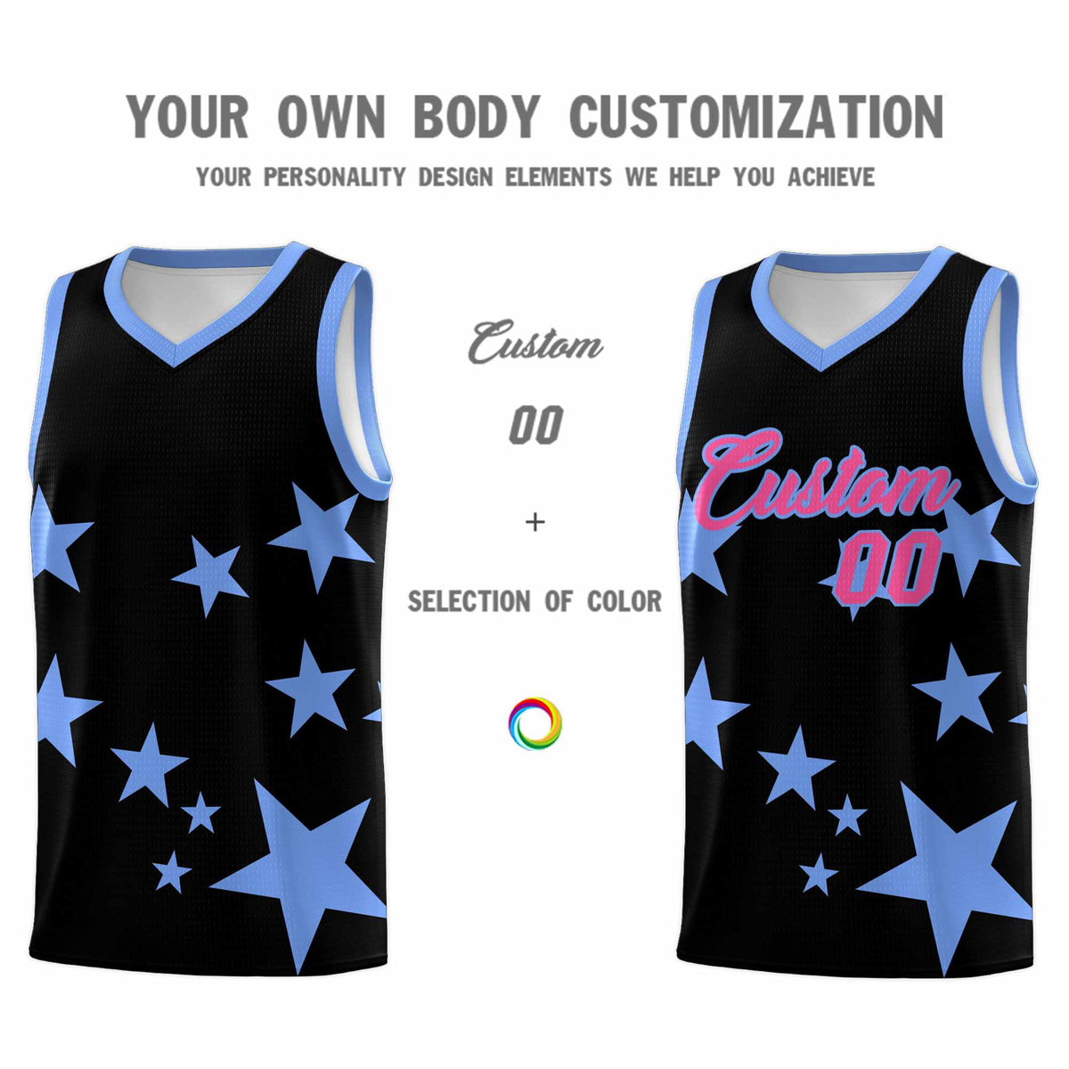 Custom Black Light Blue Graffiti Pattern Star Print Basketball Jersey Kits|KXKSHOP