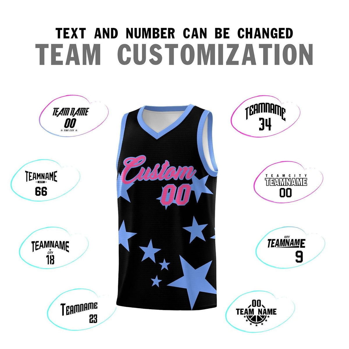 Custom Black Light Blue Graffiti Pattern Star Print Basketball Jersey Kits|KXKSHOP