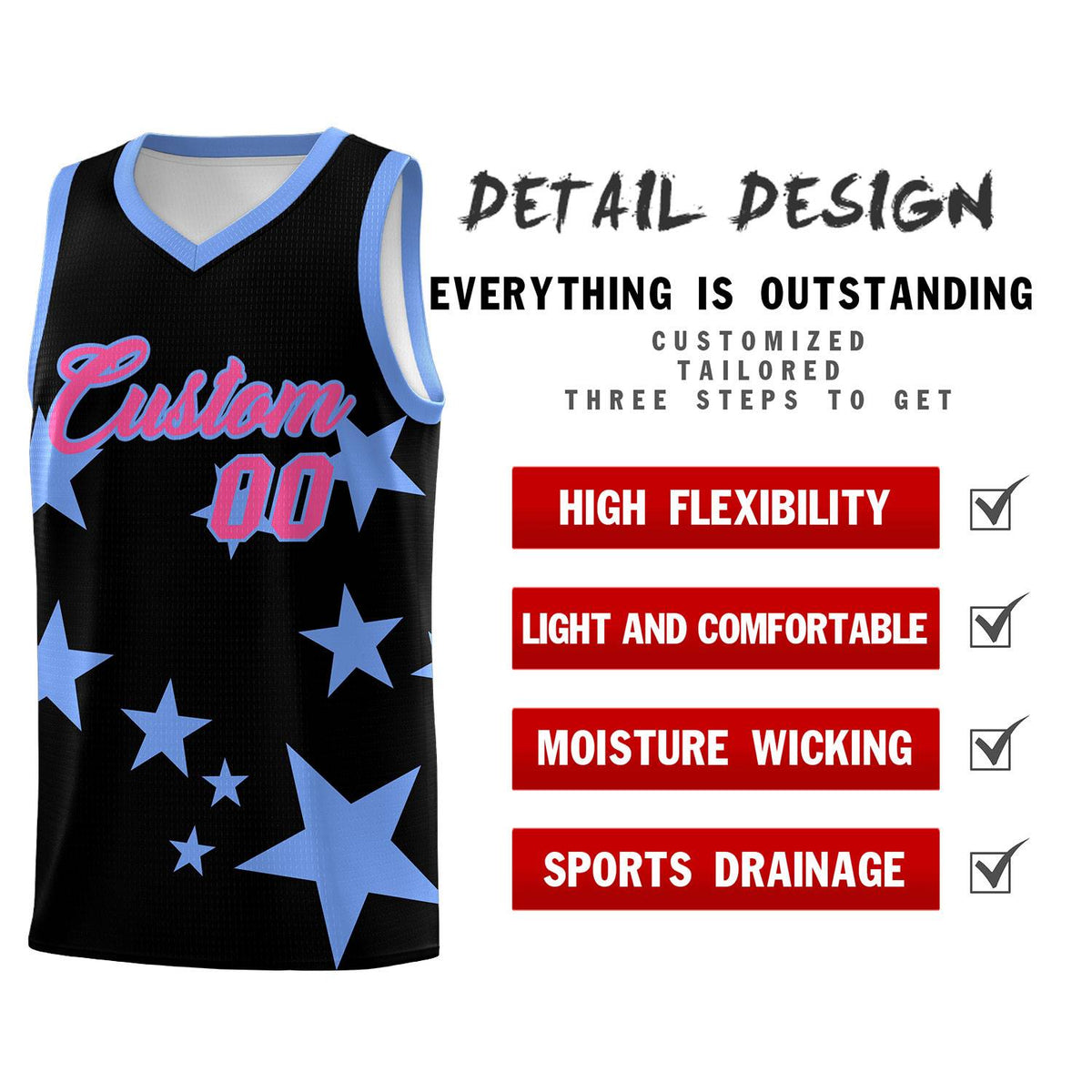 Custom Black Light Blue Graffiti Pattern Star Print Basketball Jersey Kits|KXKSHOP