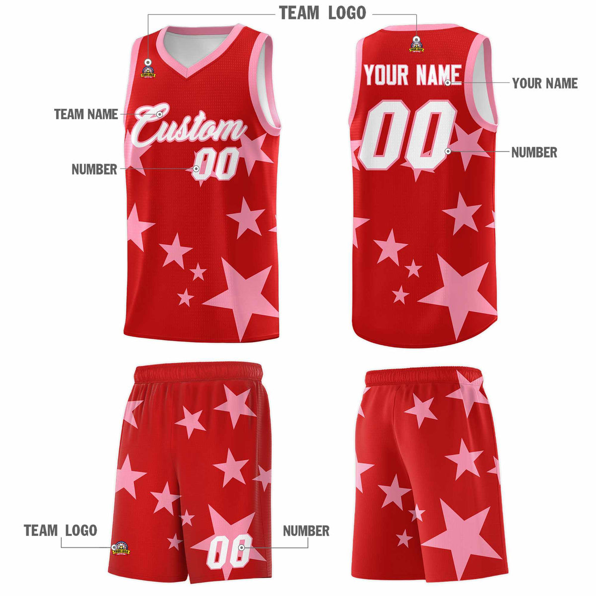 Custom Red Light Pink Graffiti Pattern Star Print Basketball Jersey Kits|KXKSHOP