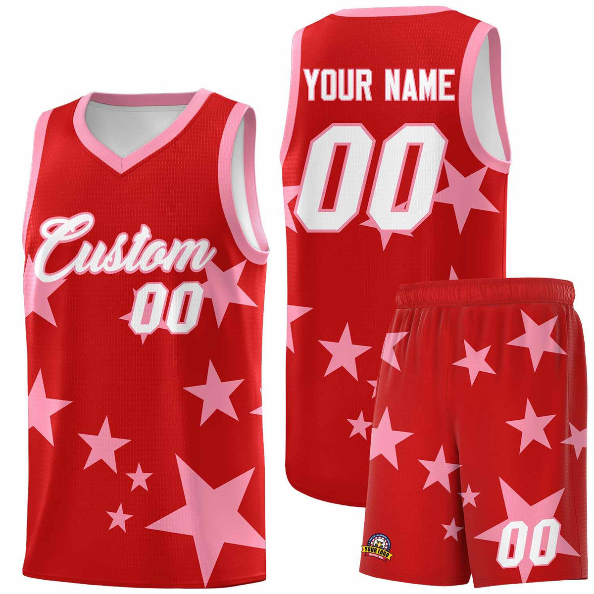 Custom Red Light Pink Graffiti Pattern Star Print Basketball Jersey Kits|KXKSHOP