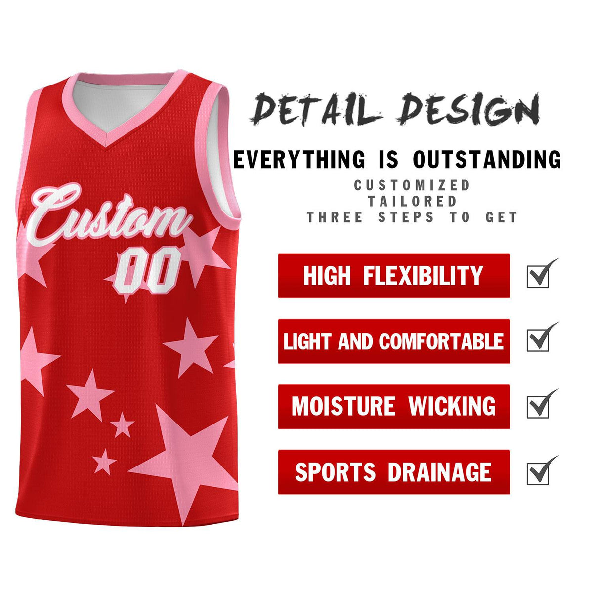 Custom Red Light Pink Graffiti Pattern Star Print Basketball Jersey Kits|KXKSHOP