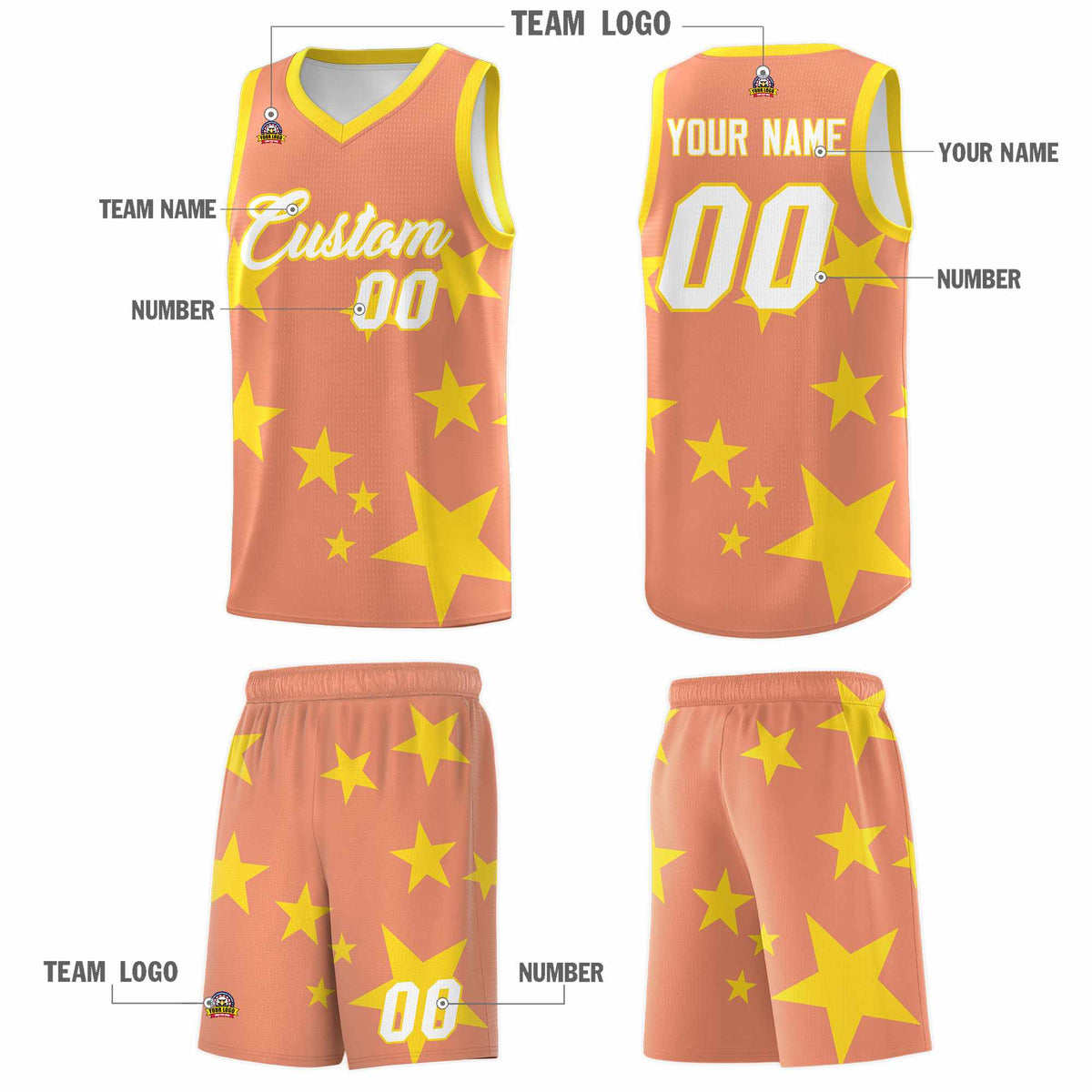 Custom Light Orange Gold Graffiti Pattern Star Print Basketball Jersey Kits|KXKSHOP