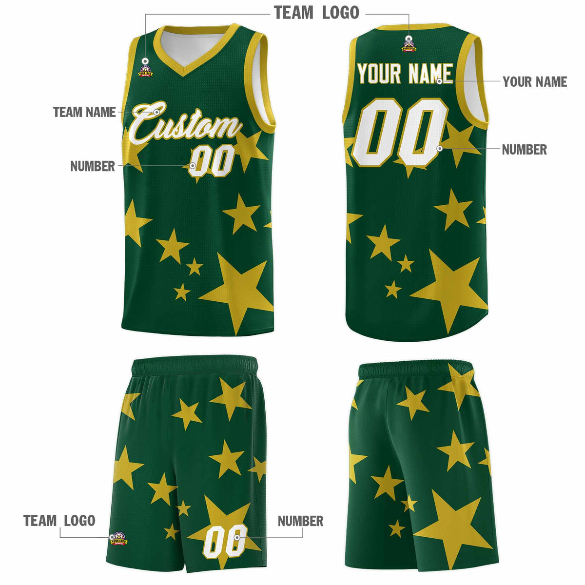 Custom Green Old Gold Graffiti Pattern Star Print Basketball Jersey Kits|KXKSHOP