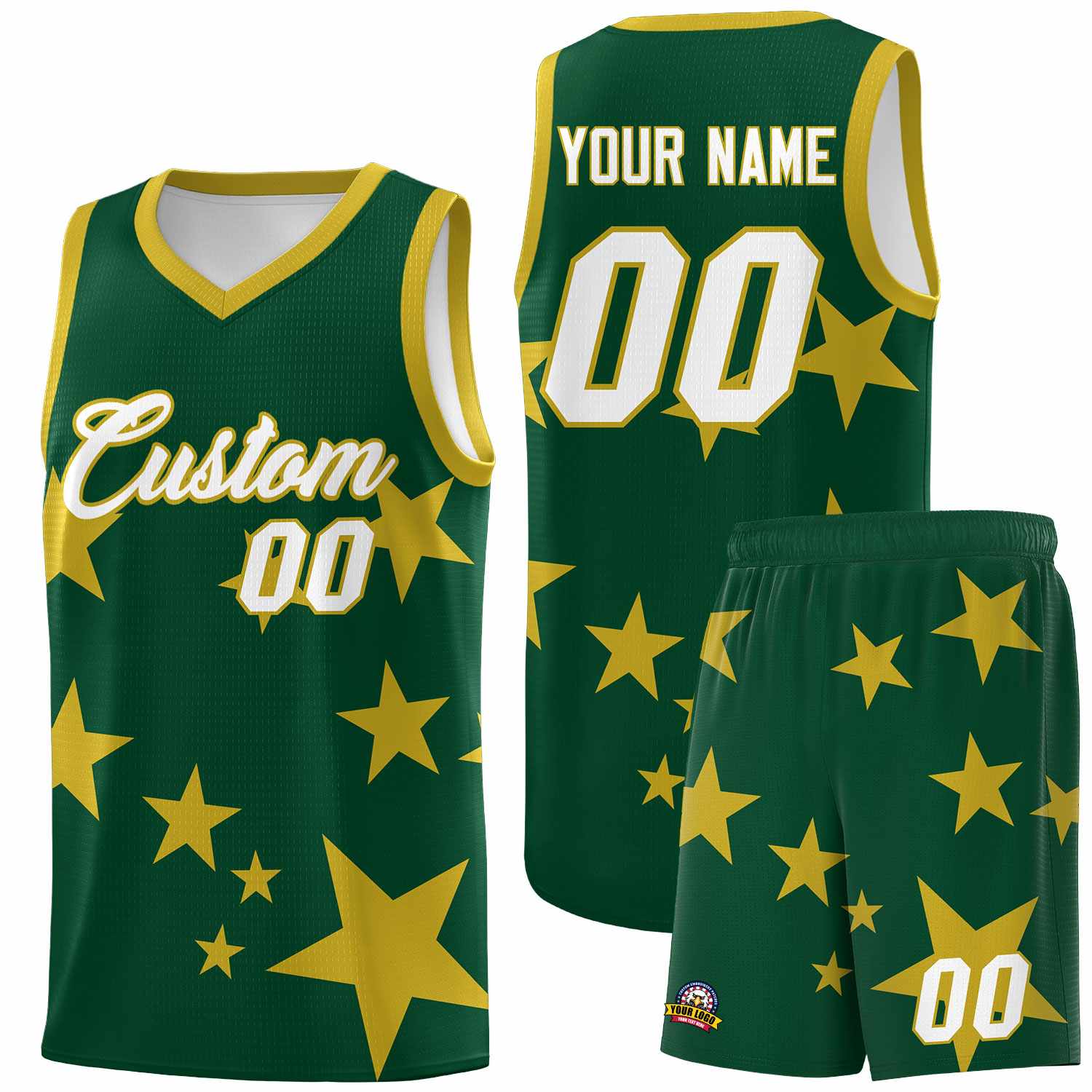 Custom Green Old Gold Graffiti Pattern Star Print Basketball Jersey Kits|KXKSHOP
