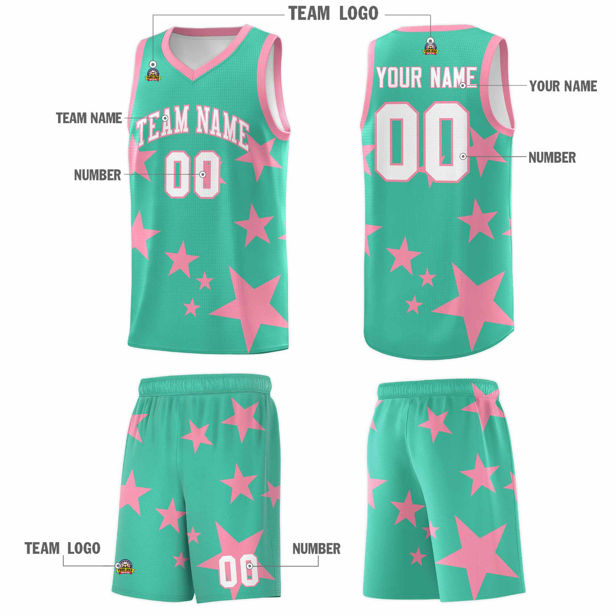 Custom Bright Green Light Pink Graffiti Pattern Star Print Basketball Jersey Kits|KXKSHOP