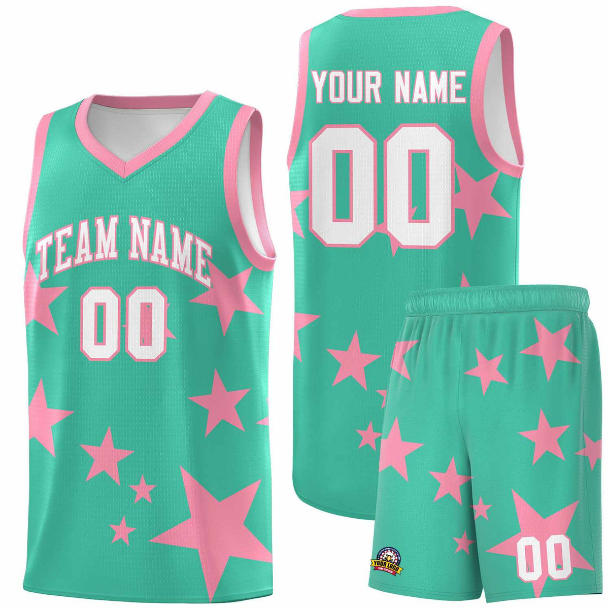 Custom Bright Green Light Pink Graffiti Pattern Star Print Basketball Jersey Kits|KXKSHOP