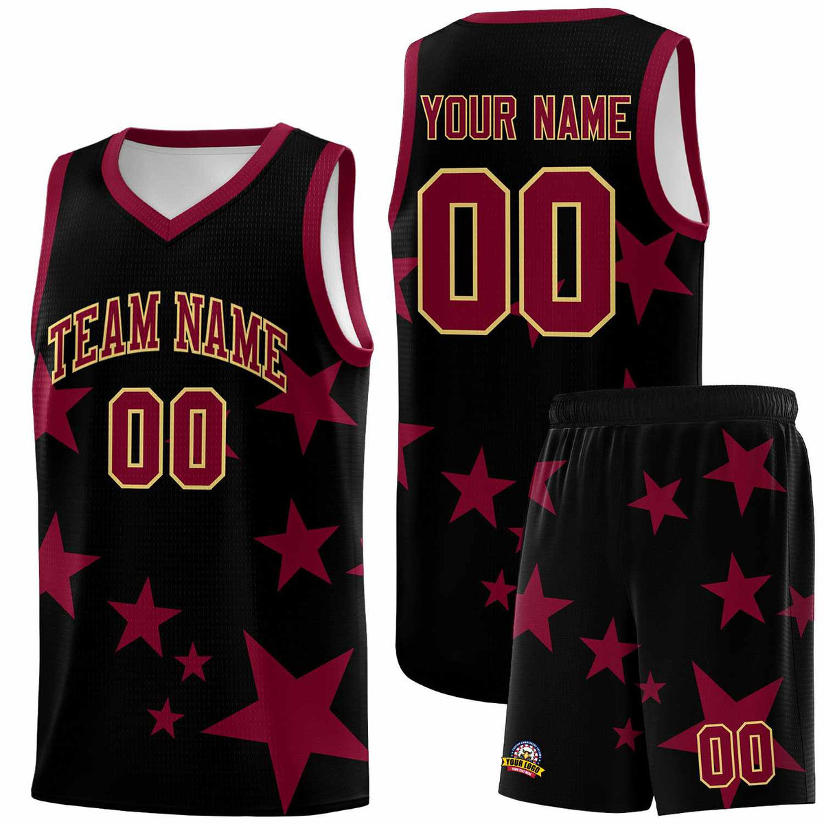 Custom Black Crimson Graffiti Pattern Star Print Basketball Jersey Kits|KXKSHOP