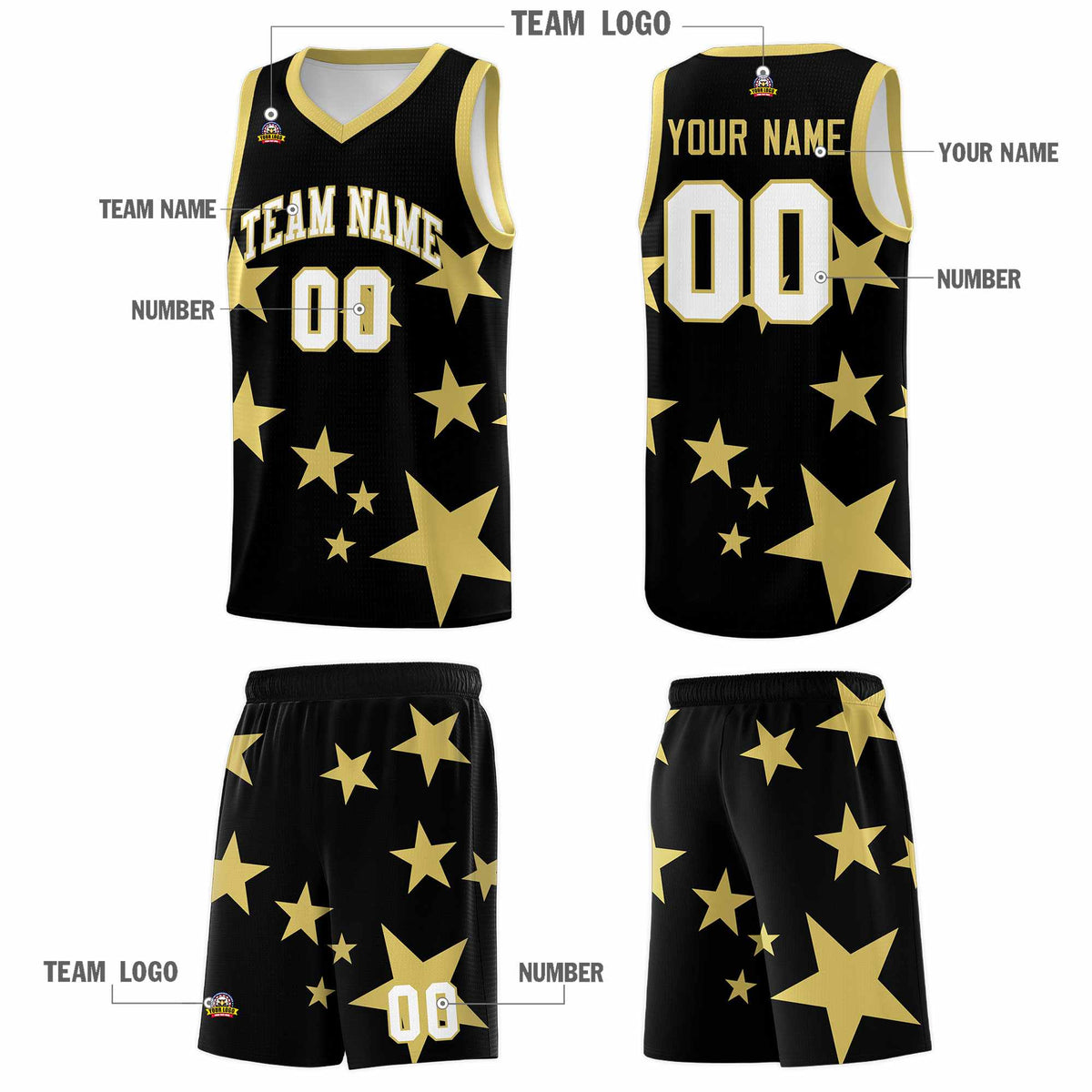 Custom Black Old Gold Graffiti Pattern Star Print Basketball Jersey Kits|KXKSHOP