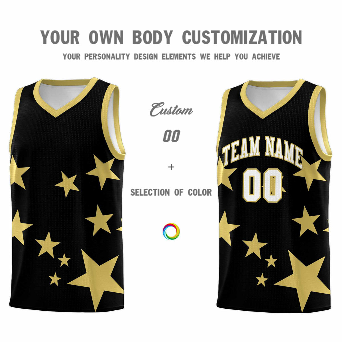 Custom Black Old Gold Graffiti Pattern Star Print Basketball Jersey Kits|KXKSHOP