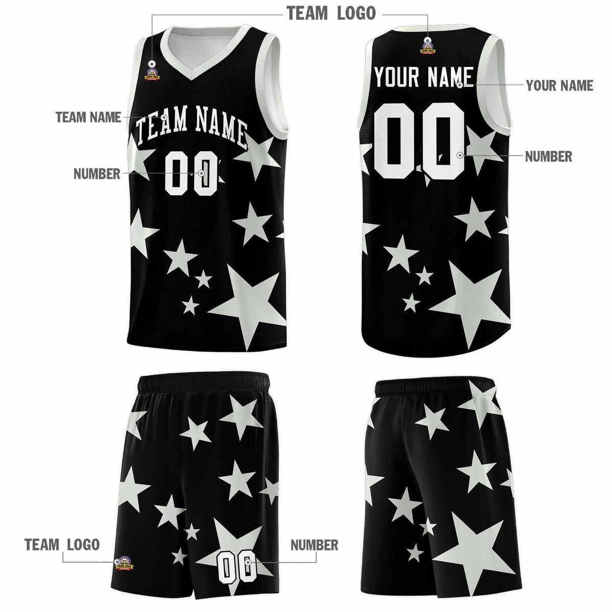 Custom Black Gray Graffiti Pattern Star Print Basketball Jersey Kits|KXKSHOP