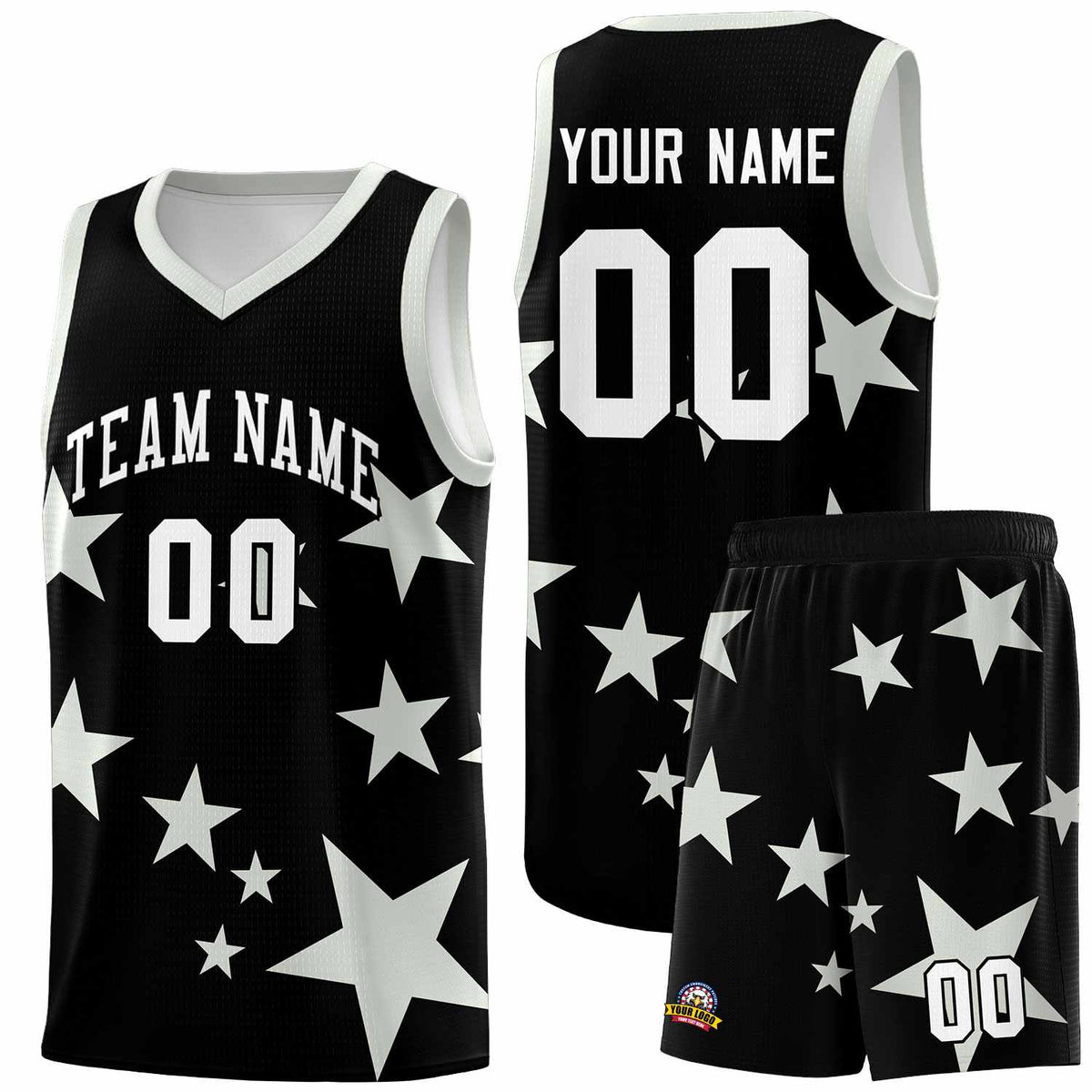 Custom Black Gray Graffiti Pattern Star Print Basketball Jersey Kits|KXKSHOP