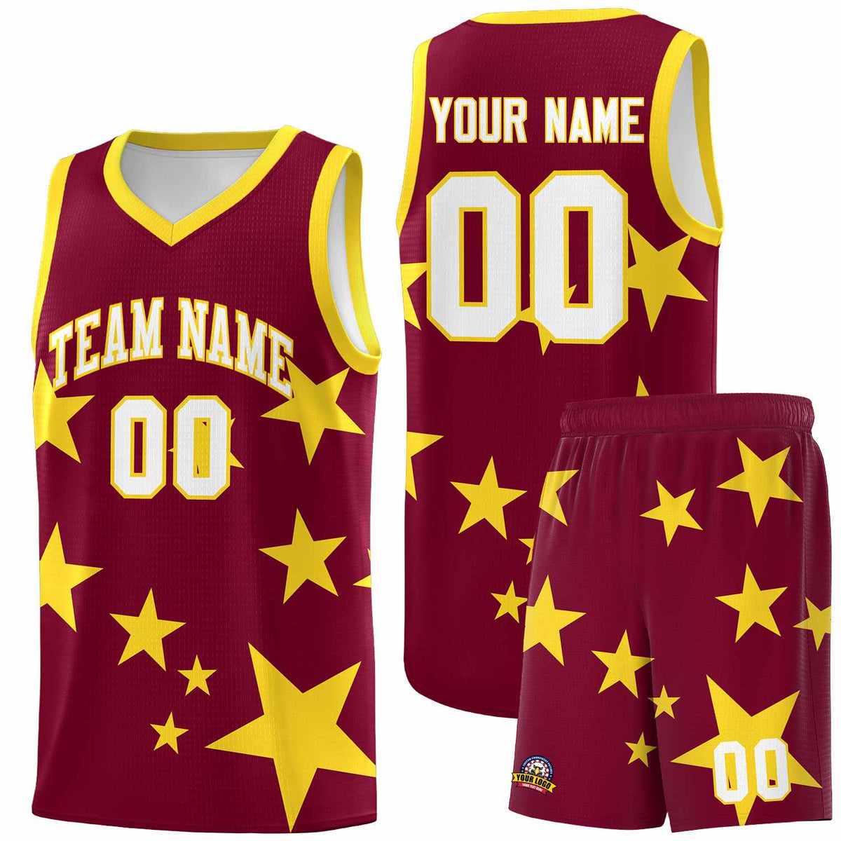 Custom Crimson Gold Graffiti Pattern Star Print Basketball Jersey Kits|KXKSHOP