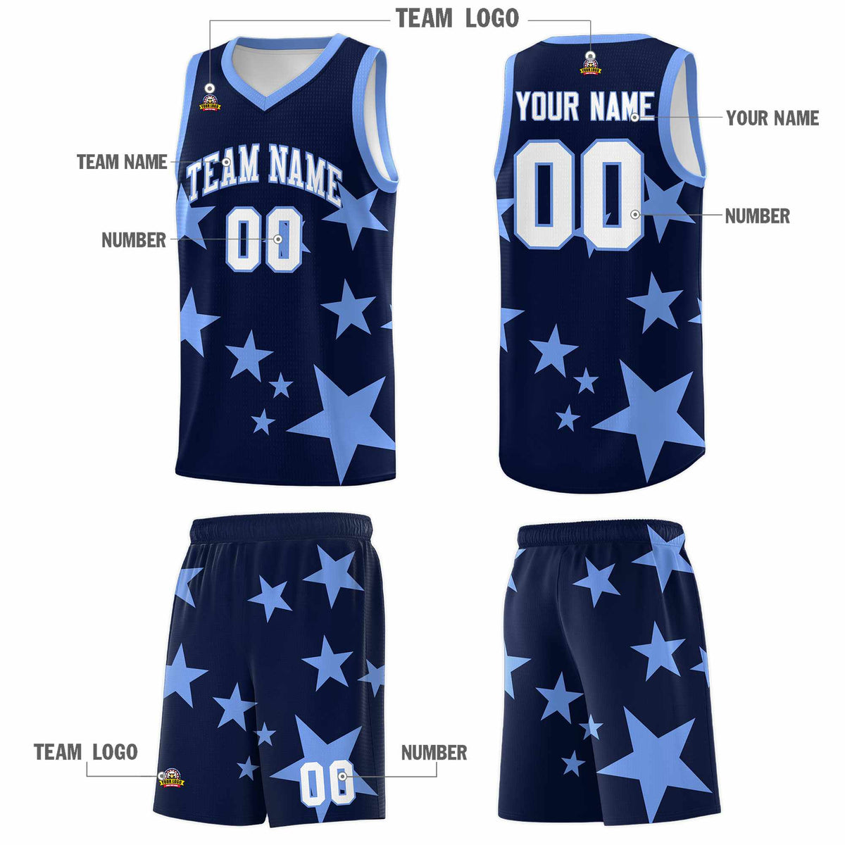 Custom Navy Light Blue Graffiti Pattern Star Print Basketball Jersey Kits|KXKSHOP