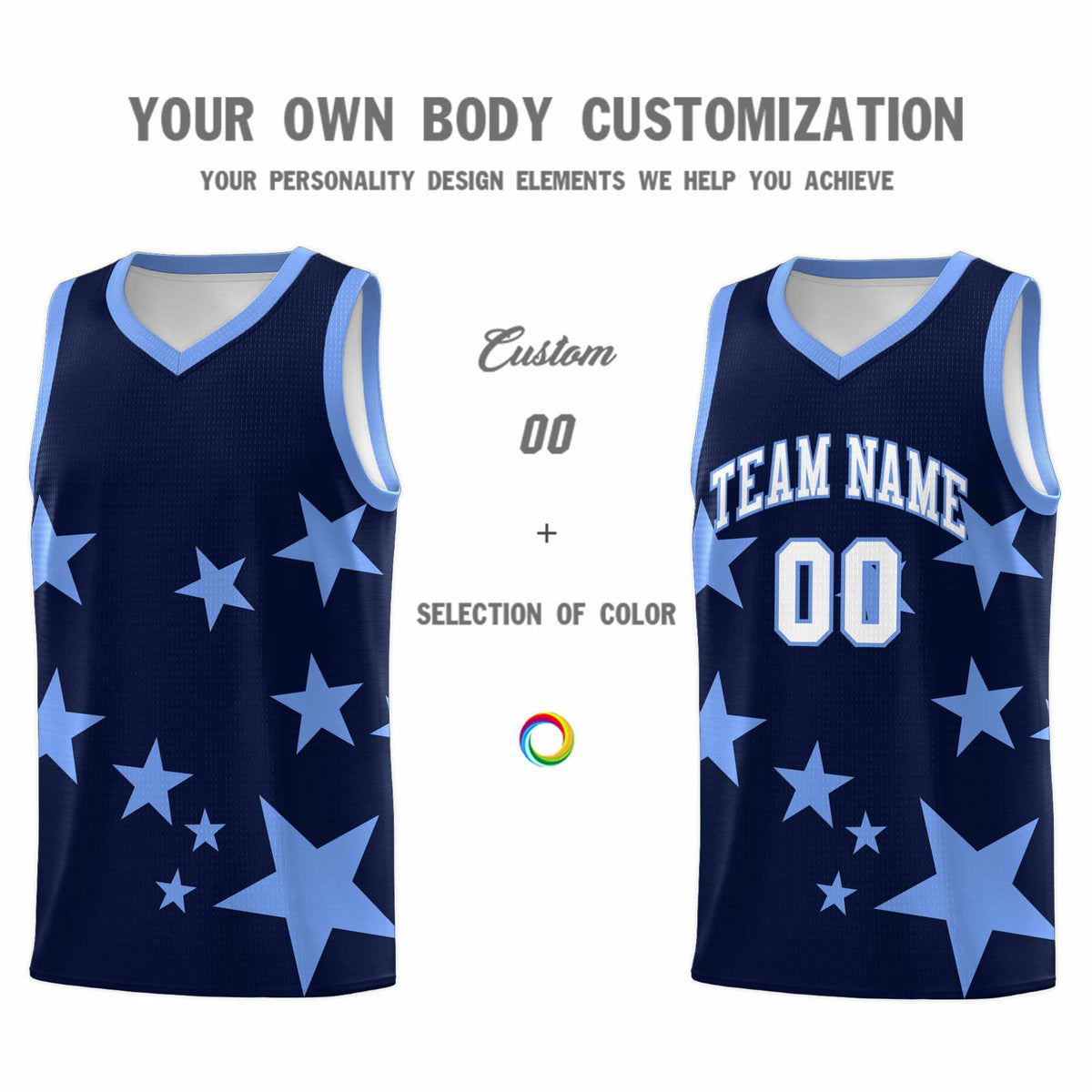 Custom Navy Light Blue Graffiti Pattern Star Print Basketball Jersey Kits|KXKSHOP