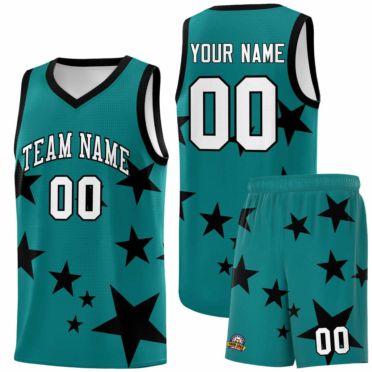 Custom Aqua Black Graffiti Pattern Star Print Basketball Jersey Kits|KXKSHOP