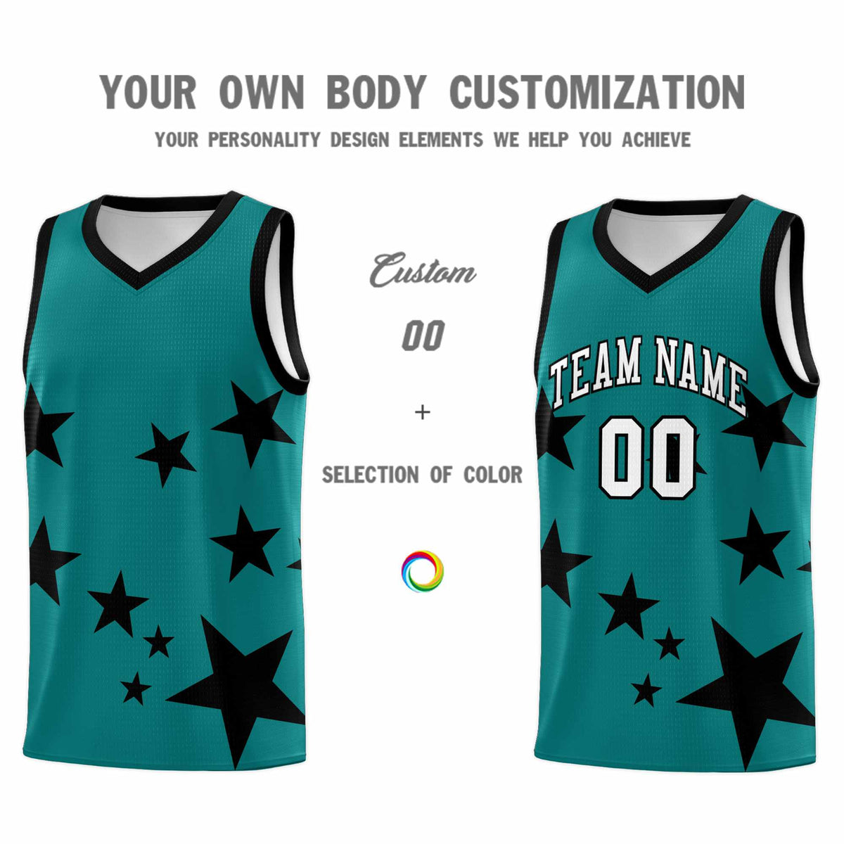 Custom Aqua Black Graffiti Pattern Star Print Basketball Jersey Kits|KXKSHOP