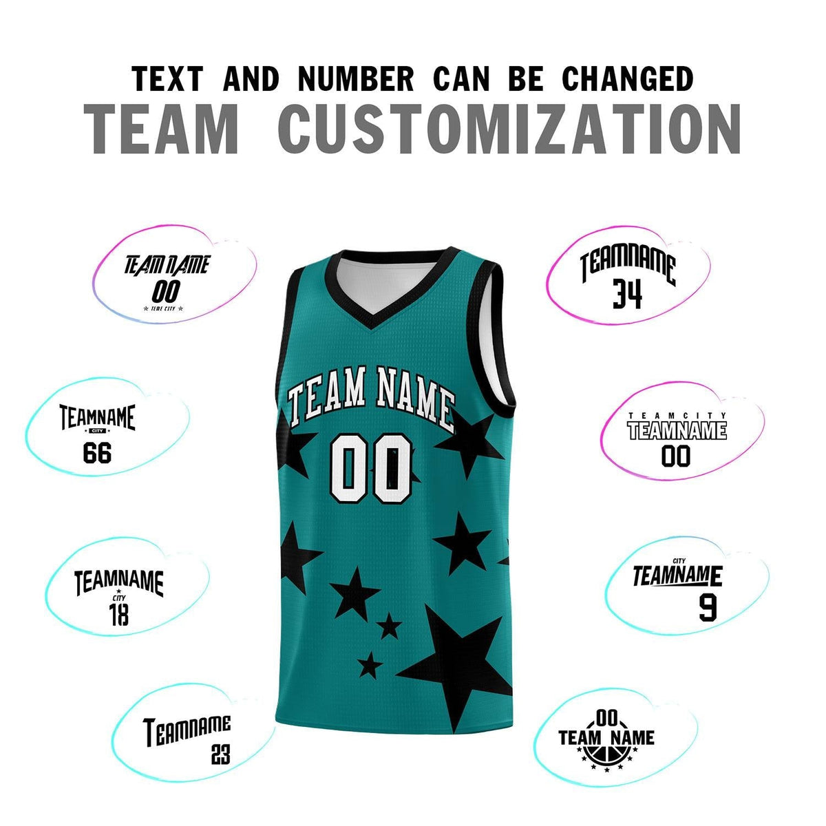 Custom Aqua Black Graffiti Pattern Star Print Basketball Jersey Kits|KXKSHOP