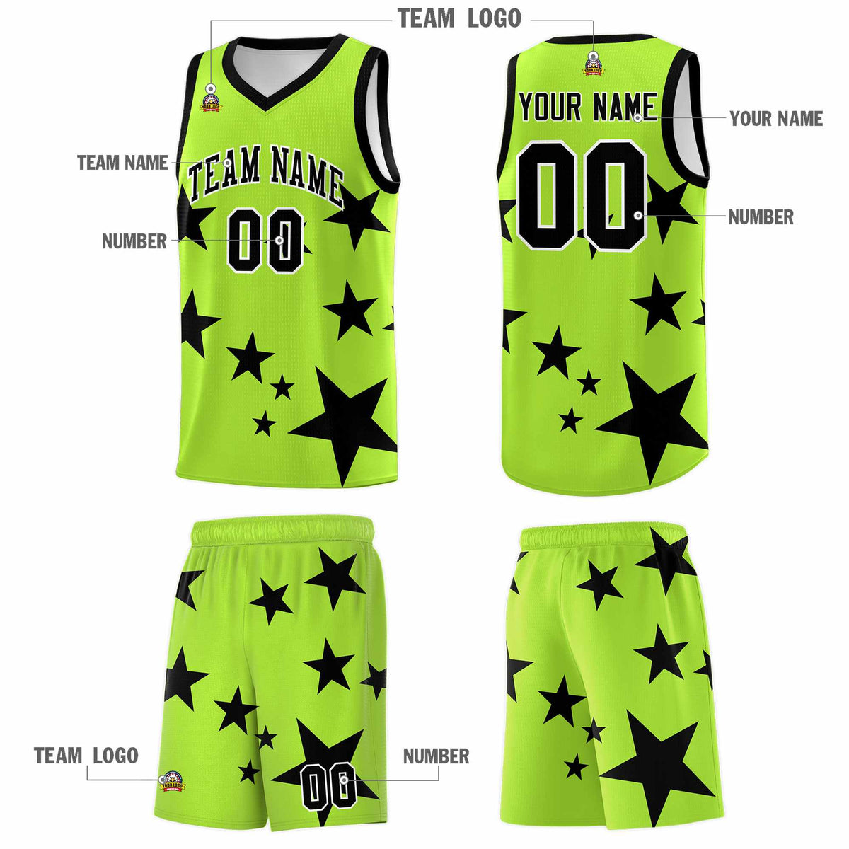 Custom Light Green Black Graffiti Pattern Star Print Basketball Jersey Kits|KXKSHOP