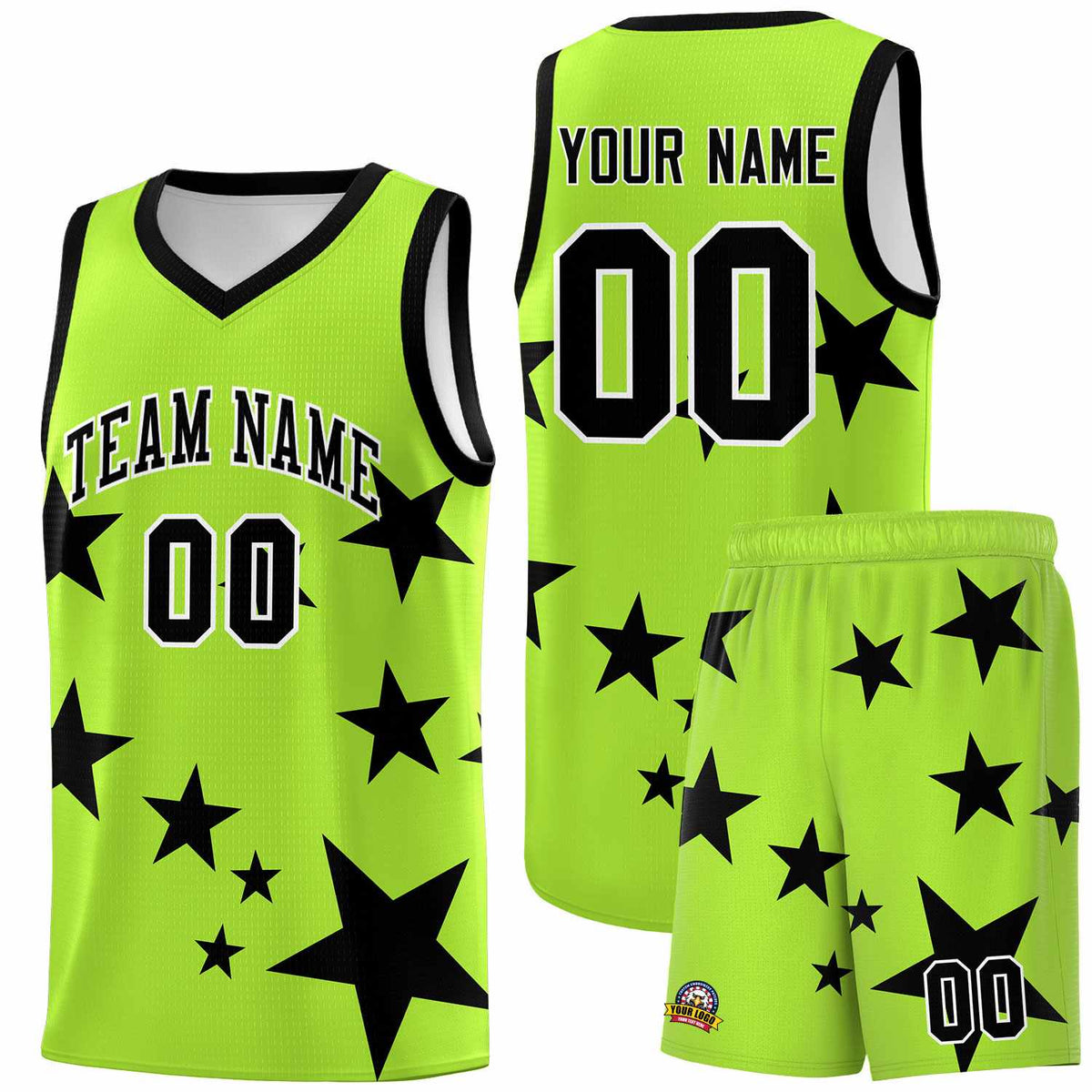 Custom Light Green Black Graffiti Pattern Star Print Basketball Jersey Kits|KXKSHOP