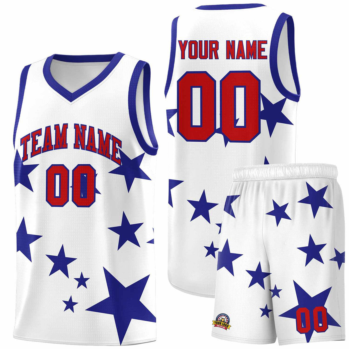Custom White Royal Graffiti Pattern Star Print Basketball Jersey Kits|KXKSHOP