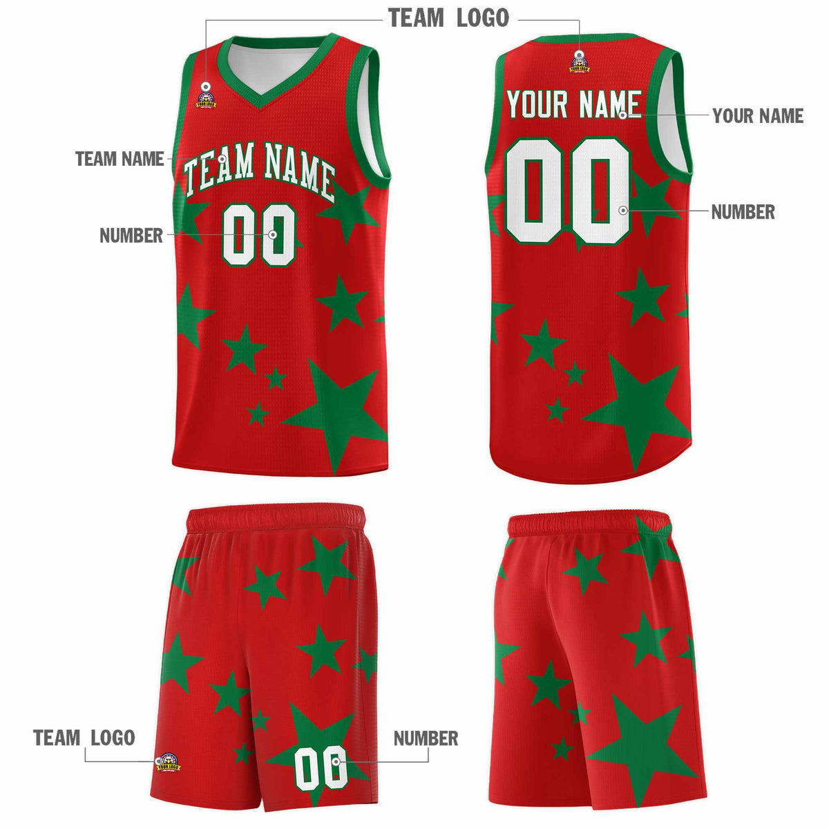Custom Red Kelly Green Graffiti Pattern Star Print Basketball Jersey Kits|KXKSHOP