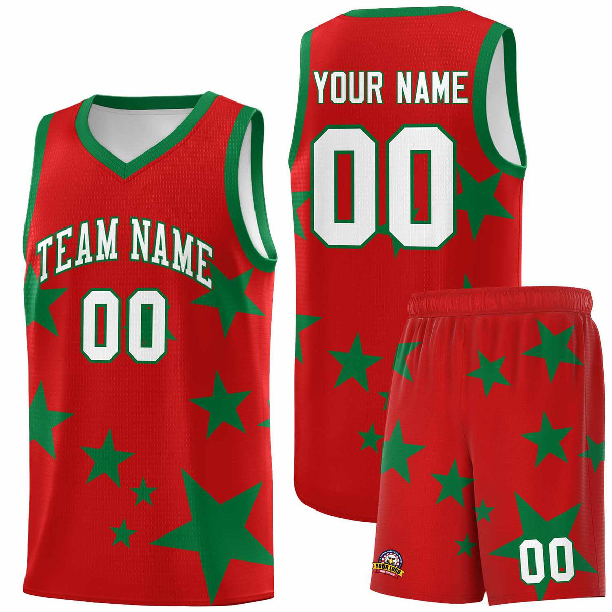 Custom Red Kelly Green Graffiti Pattern Star Print Basketball Jersey Kits|KXKSHOP