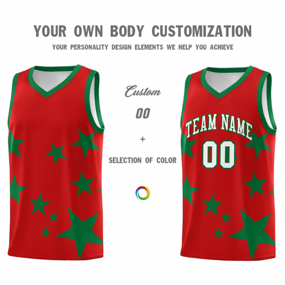 Custom Red Kelly Green Graffiti Pattern Star Print Basketball Jersey Kits|KXKSHOP