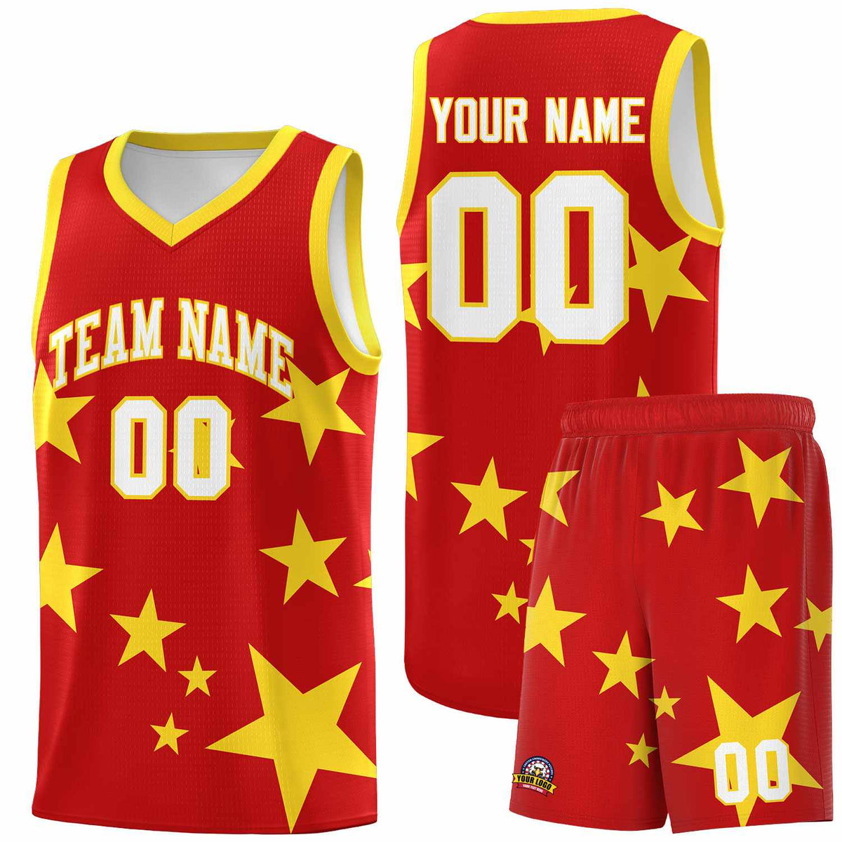 Custom Red Gold Graffiti Pattern Star Print Basketball Jersey Kits|KXKSHOP