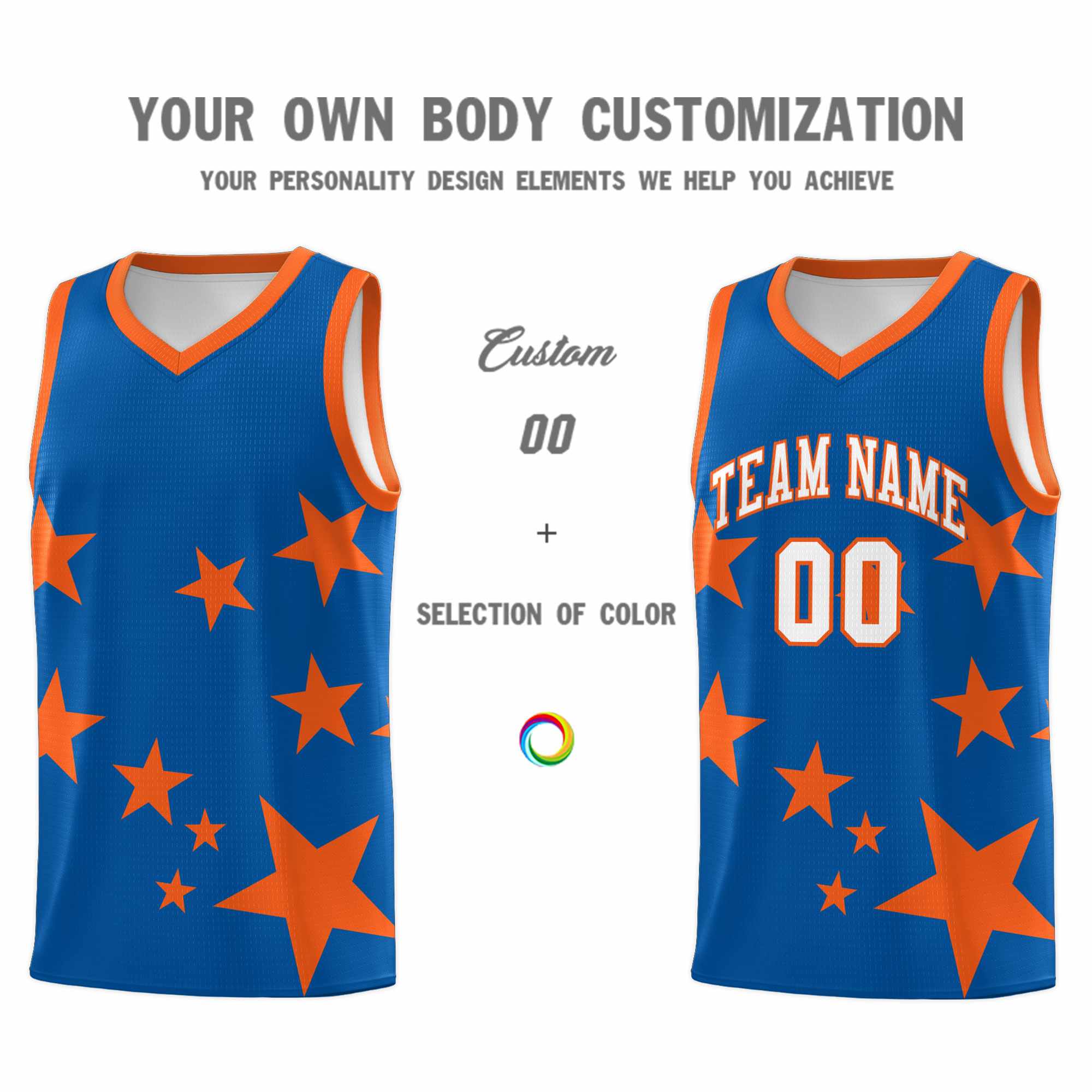 Custom Royal Orange Graffiti Pattern Star Print Basketball Jersey Kits|KXKSHOP