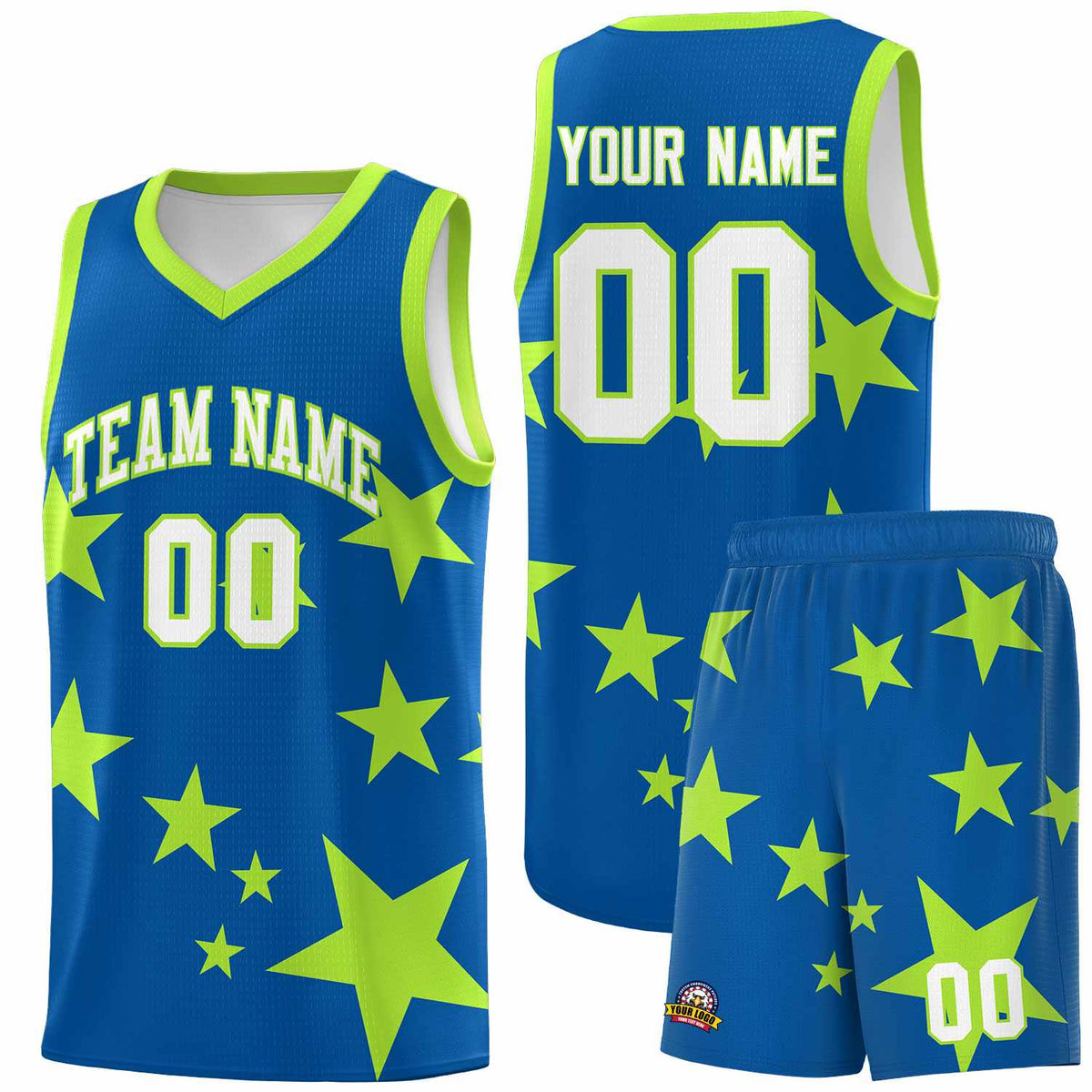 Custom Royal Light Green Graffiti Pattern Star Print Basketball Jersey Kits|KXKSHOP