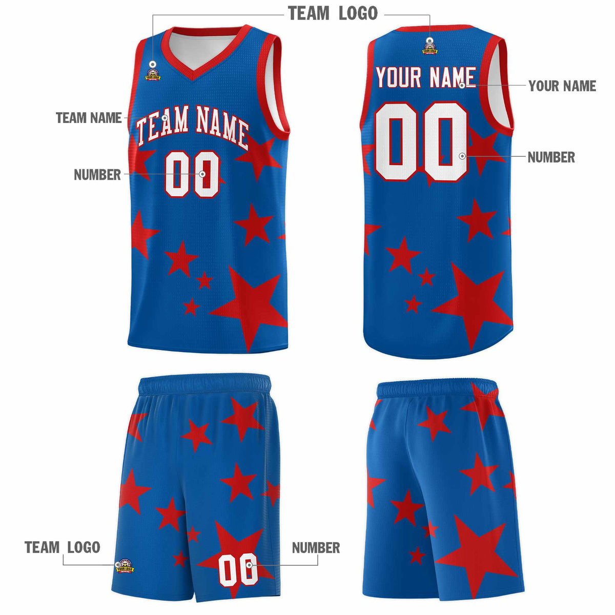 Custom Royal Red Graffiti Pattern Star Print Basketball Jersey Kits|KXKSHOP