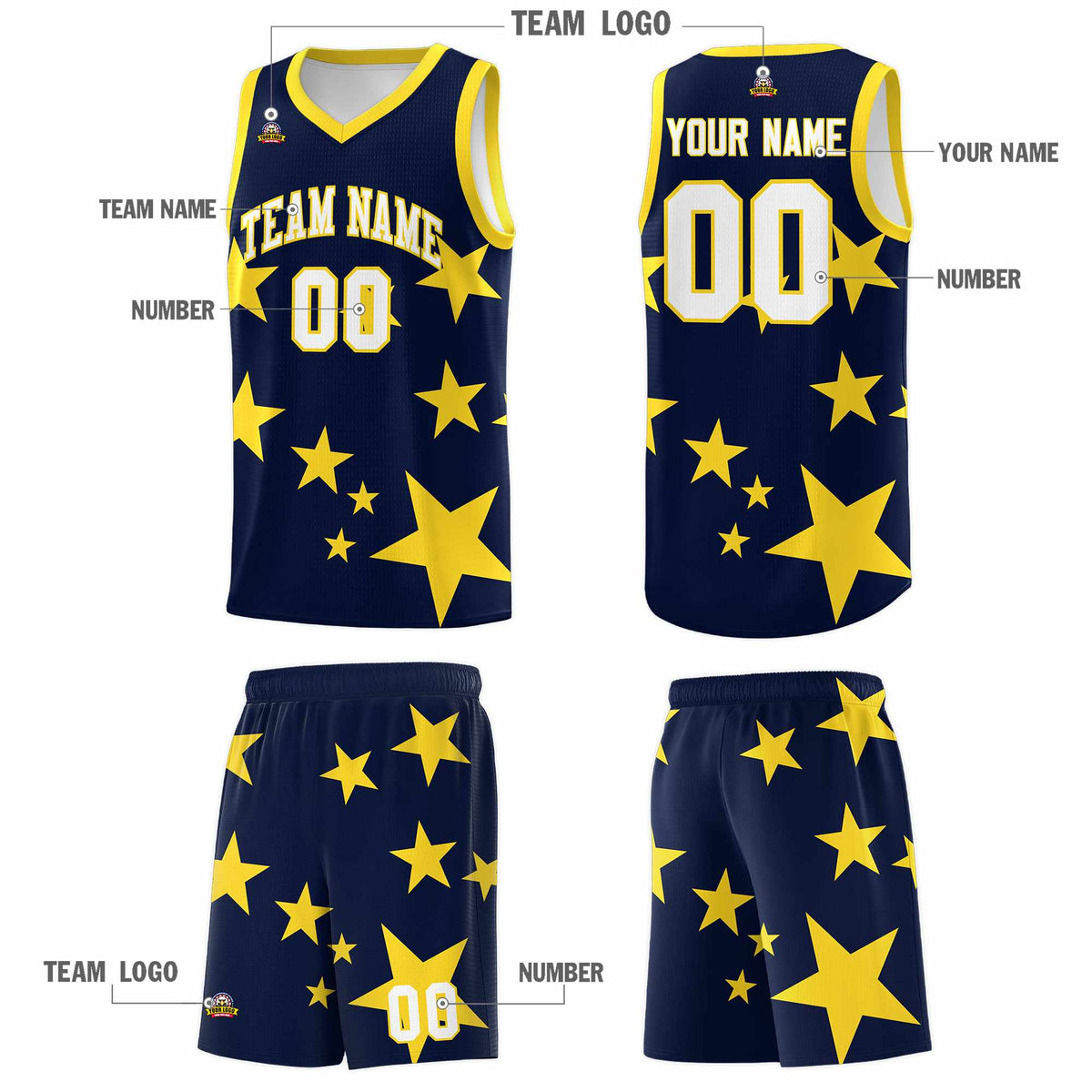 Custom Navy Gold Graffiti Pattern Star Print Basketball Jersey Kits|KXKSHOP